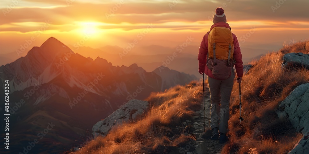 Poster Adventurous Hiker Silhouetted Against Breathtaking Mountain Sunrise Landscape