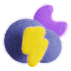Purple crescent moon in cloud with lightning bolt isolated. Weather forecast icon. Climate elements. 3D Wool felt style illustration. 