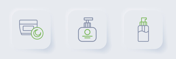 Set line Bottle of liquid soap, Tube hand cream and Cream or lotion cosmetic tube icon. Vector