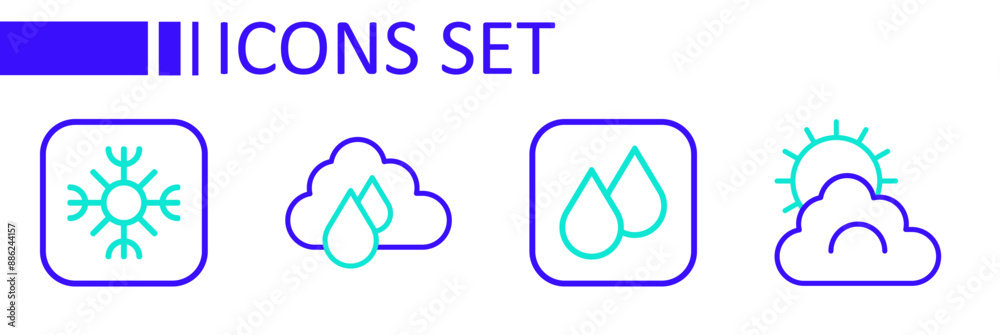 Sticker Set line Sun and cloud weather, Water drop, Cloud with rain and Snowflake icon. Vector