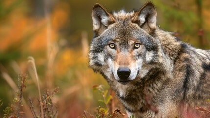 Fototapeta premium Close-Up Portrait of Grey Wolf (Canis Lupus) in Natural Habitat, Majestic and Powerful Predator