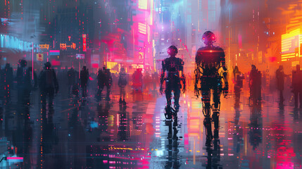 A group of robots walk down a wet street. The robots are red and have glowing eyes. The scene is set in a futuristic city with tall buildings in the background. Scene is eerie and unsettling