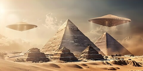 Obraz premium Ancient Aliens Egyptian Pyramids with a Hovering UFO and Shadow. Concept Ancient Aliens, Egyptian Pyramids, Hovering UFO, Shadow
