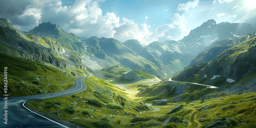 Poster Majestic Mountain Pass with Winding Road Through Lush Green Valleys and Dramatic Peaks