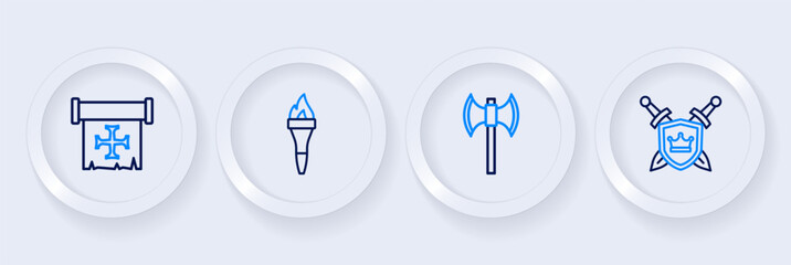 Set line Shield with swords, Medieval poleaxe, Torch flame and Crusade icon. Vector