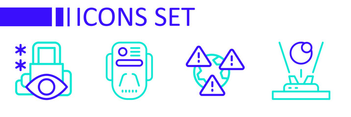 Set line Hologram, Earth with exclamation mark, Artificial intelligence robot and Cyber security icon. Vector