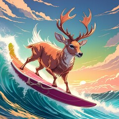 サーフィンを楽しむトナカイ