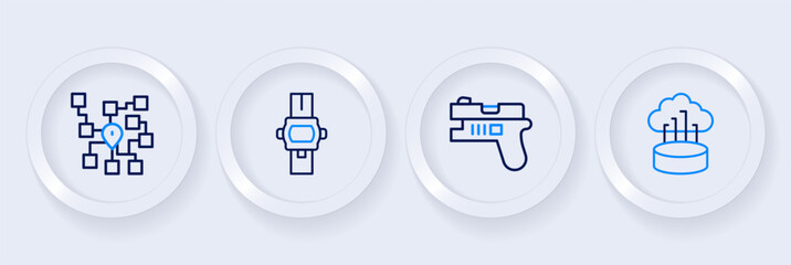Set line Network cloud connection, Futuristic weapon, Wrist watch and Neural network icon. Vector