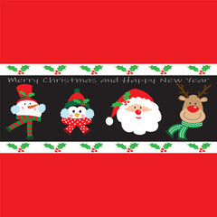 christmas card with snowman, penguin, santa and reindeer