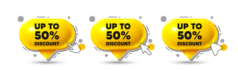 Chat speech bubble 3d icons. Up to 50 percent discount. Sale offer price sign. Special offer symbol. Save 50 percentages. Discount tag chat offer. Speech bubble banners. Text box balloon. Vector