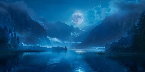 Fototapeta premium Moonlit Mountain Lake Landscape with Serene Reflection in Tranquil Night Environment