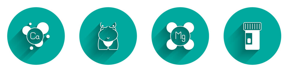 Set Calcium, Obesity, Magnesium and Vitamins icon with long shadow. Vector
