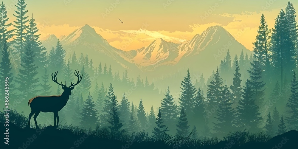 Wall mural Majestic Mountain Meadow with Grazing Deer at Peaceful Sunset