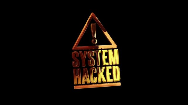System hacked warning and security breach alert golden metal shine symbol concept. Spectacular glowing and reflection light icon abstract 3d animation. Isolated object.