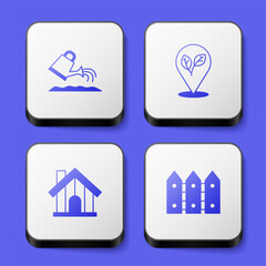 Set Watering can, Location with leaf, Farm house and Garden fence wooden icon. White square button. Vector