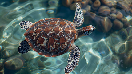 Fototapeta premium A turtle swimming in the ocean. The turtle is brown and has a pattern on its shell. The water is blue and clear