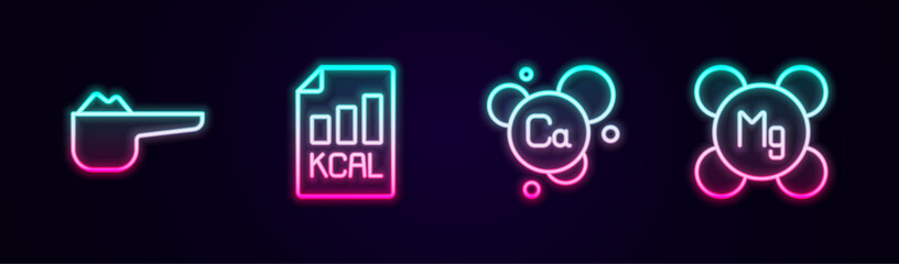 Set line Sports nutrition proteine, Diet plan, Calcium and Magnesium. Glowing neon icon. Vector