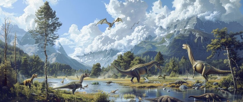 Prehistoric Landscape with Dinosaurs and Flying Reptiles