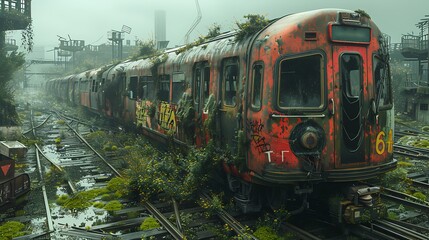 Fototapeta premium Intricate dystopian scene of England's transport network with hyper realistic visuals of autonomous vehicles navigating through a decaying cityscape including writing space