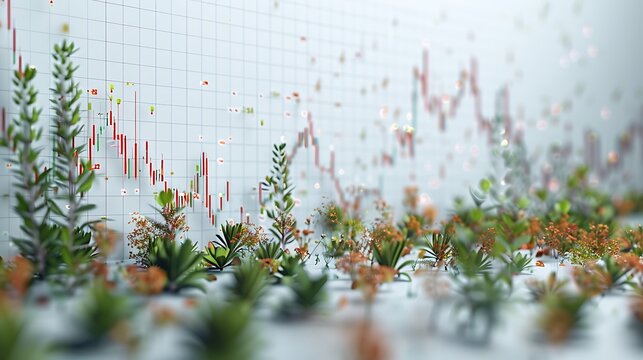 Interactive scatter plot showcasing significant correlation between stock prices and trading volume, reflecting increased investor activity. 3D rendering with clean white wall and subtle plant decor.