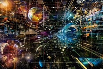 Obraz premium Digital Rendering of a Futuristic Cityscape, Create a digital collage representing the interconnectedness of various cyber security technologies