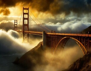 Fototapeta premium A golden bridge over a foggy night in san francisco