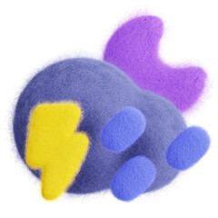 Purple crescent moon in cloud with lightning and rain isolated. Weather forecast icon. Climate elements. 3D Wool felt style illustration. 