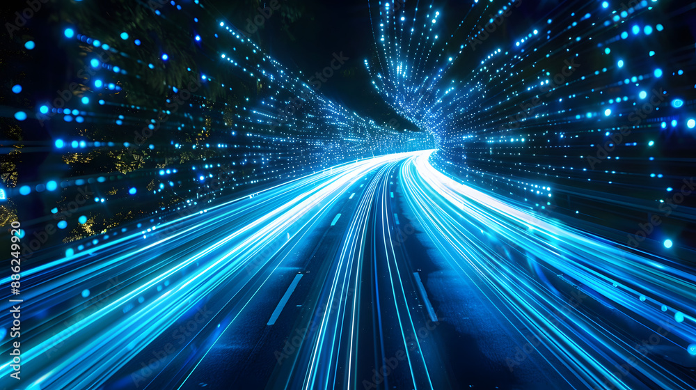 Wall mural digits abstract road with blue light trails , data transfer speed and digitization concept