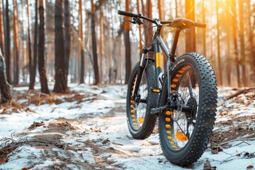 Naklejka premium Mountain bike on rocky trail showcasing detailed tire tread against stunning natural backdrop