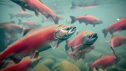 Fototapeta premium Underwater view of a school of red and silver salmon swimming together in clear water.