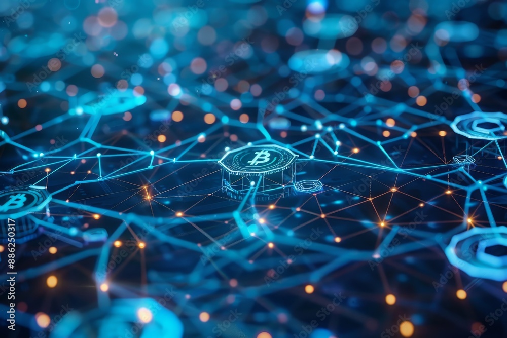 Poster bitcoin surrounded by connected lines and dots, create a digital mosaic of different cryptocurrencie