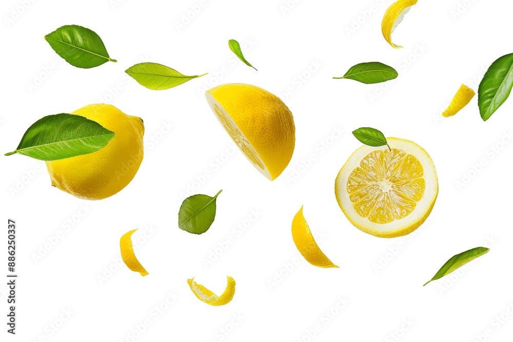 Wall mural falling fresh yellow lemons with green leaves isolated on background, citrus fruit flying in the air