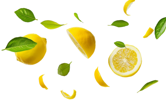 Falling fresh yellow lemons with green leaves isolated on background, citrus fruit flying in the air, summer freshness fruit.