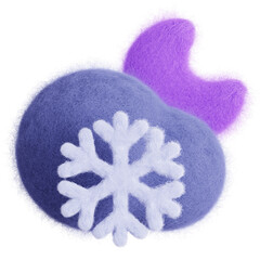 Purple crescent moon in cloud with snowflake isolated. Weather forecast icon. Climate elements. 3D Wool felt style illustration. 