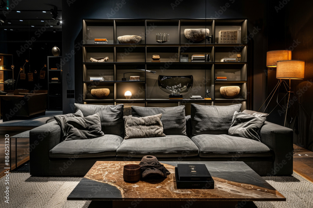 Poster A black room with a large grey couch and a coffee table