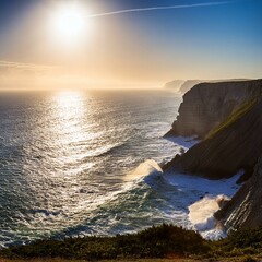 夕日を望む大海と海岸線