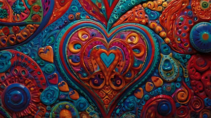 A stylized, abstract heart shape filled with vibrant colors and patterns, symbolizing passion and creative inspiration