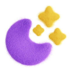 Crescent moon and stars isolated. Weather forecast icon. Climate elements. 3D Wool felt style illustration. 