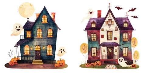 Charming illustration of haunted houses with ghosts, pumpkins, and full moon for Halloween decoration or invitation.
