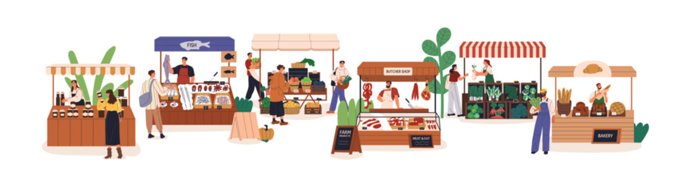 Farmers market place with local farm produce. Agriculture fair, marketplace. People buying domestic organic products at vendor stalls. Flat graphic vector illustration isolated on white background