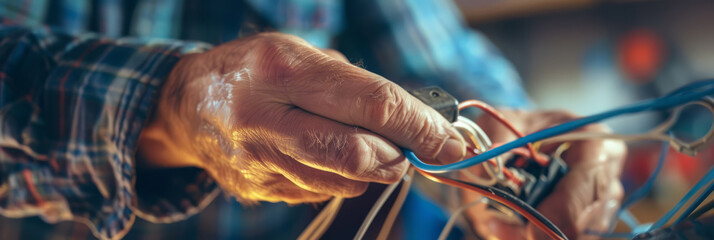 Close-up of an electrician's hands wiring a switch, highlighting the technical skills.