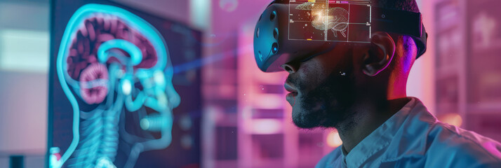 A neurologist wearing augmented reality glasses analyzing a patient's brain scan in real time.