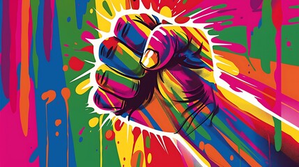 bold colorful protest poster featuring powerful rainbow fist symbolizing the fight for LGBTQ rights and equality The poster is designed with striking typography and vivid colors