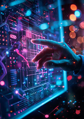 Fototapeta premium A business professional using a holographic interface to manage documents, showcasing efficiency and security features.