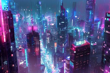Fototapeta premium Illuminated Futuristic City With Skyscrapers, Create a dynamic and bustling cityscape filled with neon lights and towering skyscrapers