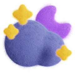 Purple crescent moon in cloud with stars isolated. Weather forecast icon. Climate elements. 3D Wool felt style illustration. 