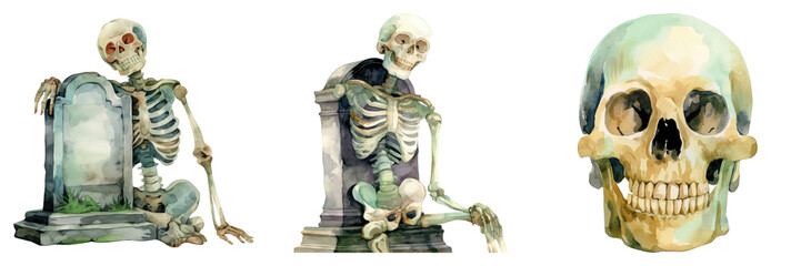 Obraz premium Watercolor illustrations of skeletons and a skull, perfect for Halloween decorations or spooky designs.