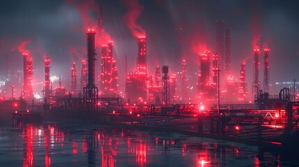 Obraz premium Futuristic Industrial Cityscape at Night with Red Lights and Reflections in Water - Digital Art Illustration