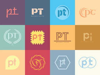 PT logo company template. Letter p and t logotype. Set different classic serif lettering and modern bold text with design elements. Initial font typography.