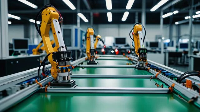 Timelapse of Fully Automated PCB Assembly Line Equipped with Advanced High Precision Robot Arms at Electronics Factory. Semiconductor Production Industry. Component Installation on Circuit Board.